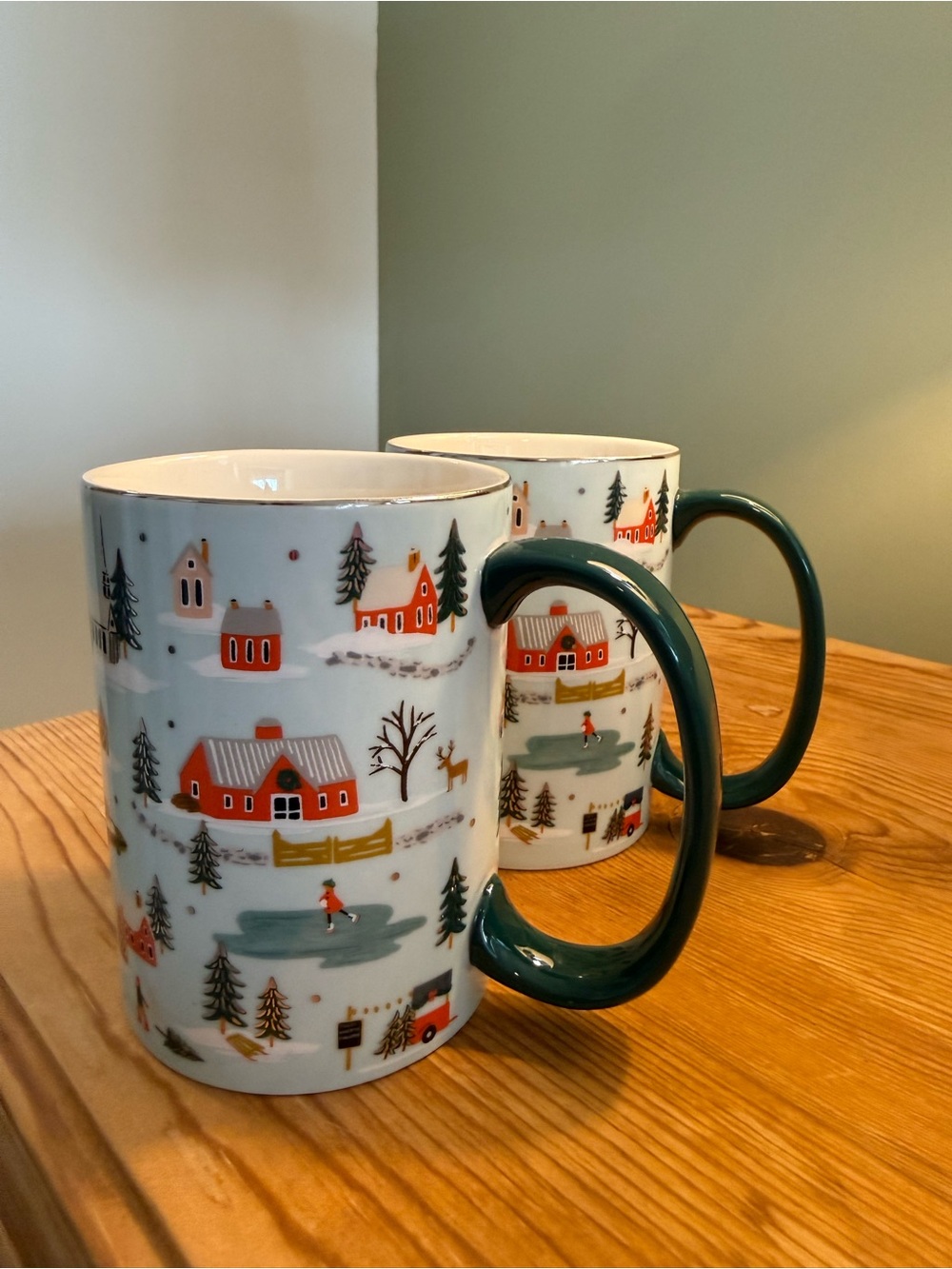 Rifle Paper Co. Holiday Village Ceramic Mug with Green Handle - Set of 2